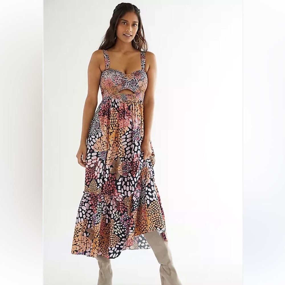 Anthropologie Geisha Designs smocked beaded cutout maxi dress size small